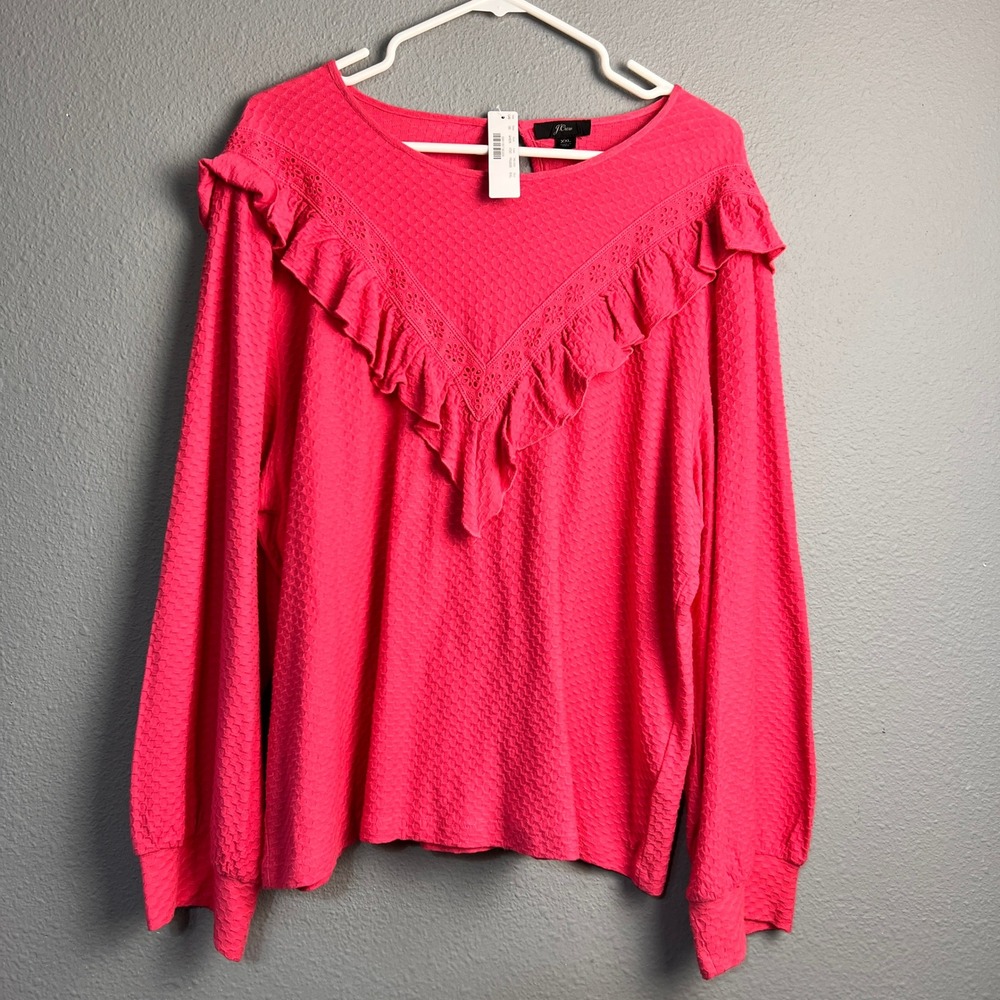 NWT J. Crew Textured Ruffle Neck Long Sleeve Top Bright Pink XXL Valentines Love